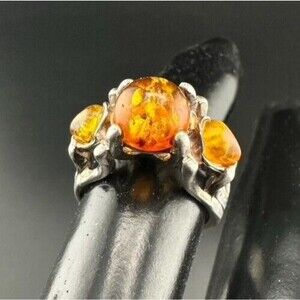 Unique Vintage Sterling Silver 925 Genuine Amber Modernist Ring Size 6